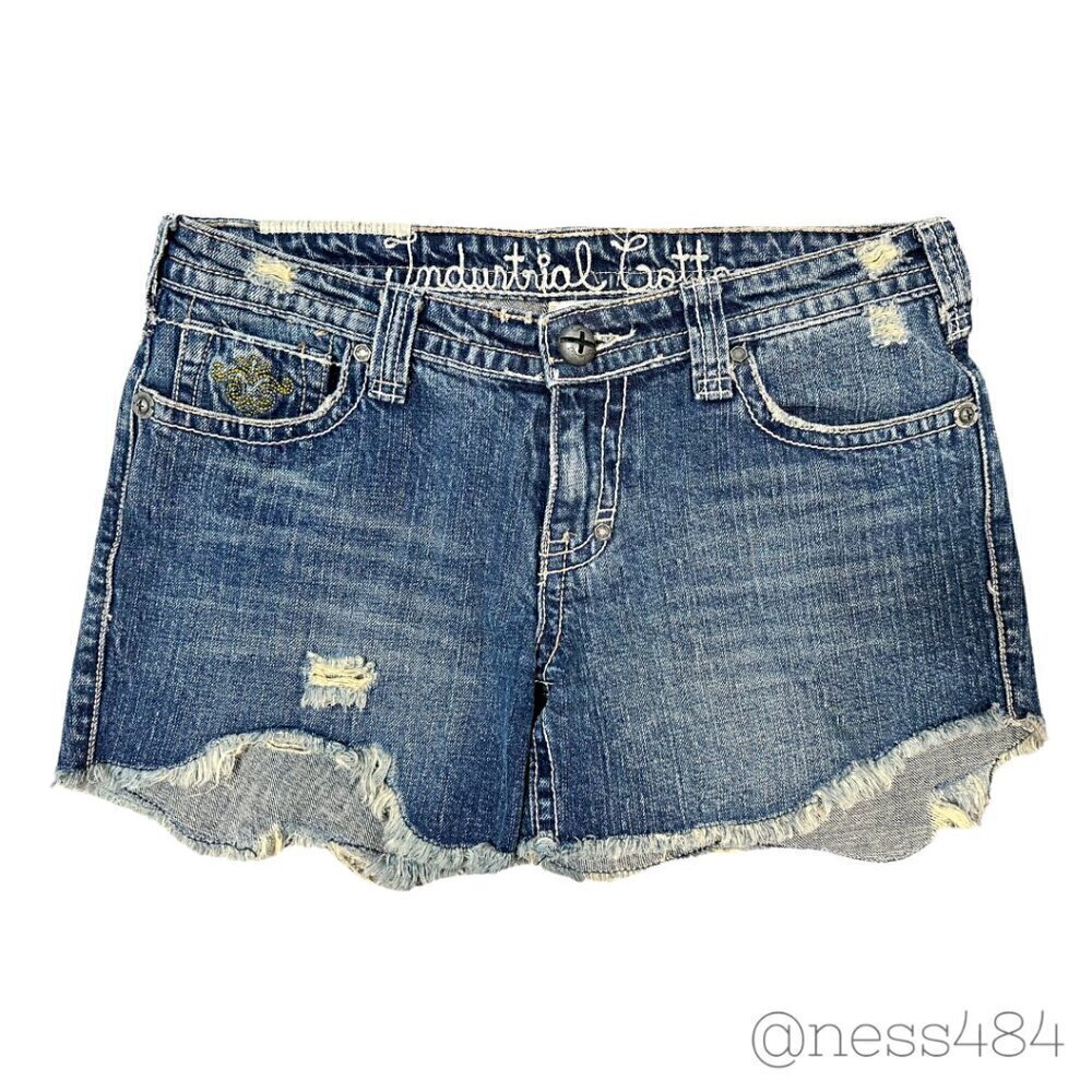Industrial Cotton Distressed Denim Shorts Cuffed Frayed Hem Size 4/5